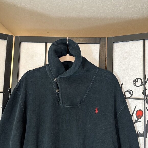 Polo Ralph Lauren Sweater Mens XL Black Cowl Neck Pullover 2 Button thick heavy - Picture 2 of 5